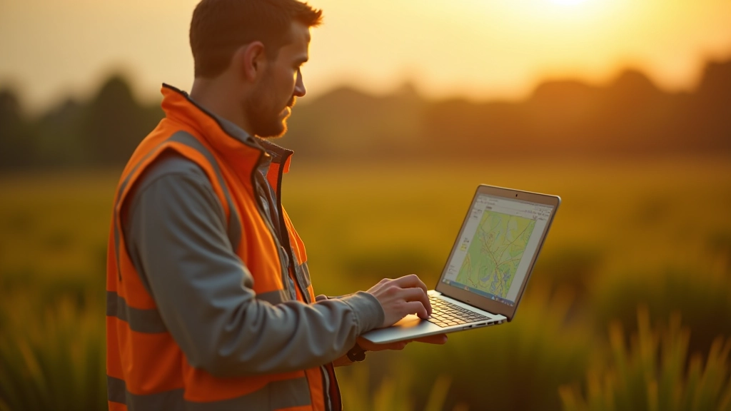 Rankose laikytas nešiojamasis kompiuteris su QGIS programine įranga atidarytas, žemėje šalia lauko, saulės šviesa